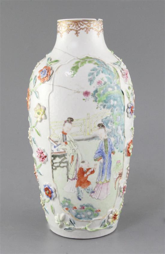 A Chinese flower applied famille rose vase, Qianlong period, 27.5cm, repaired